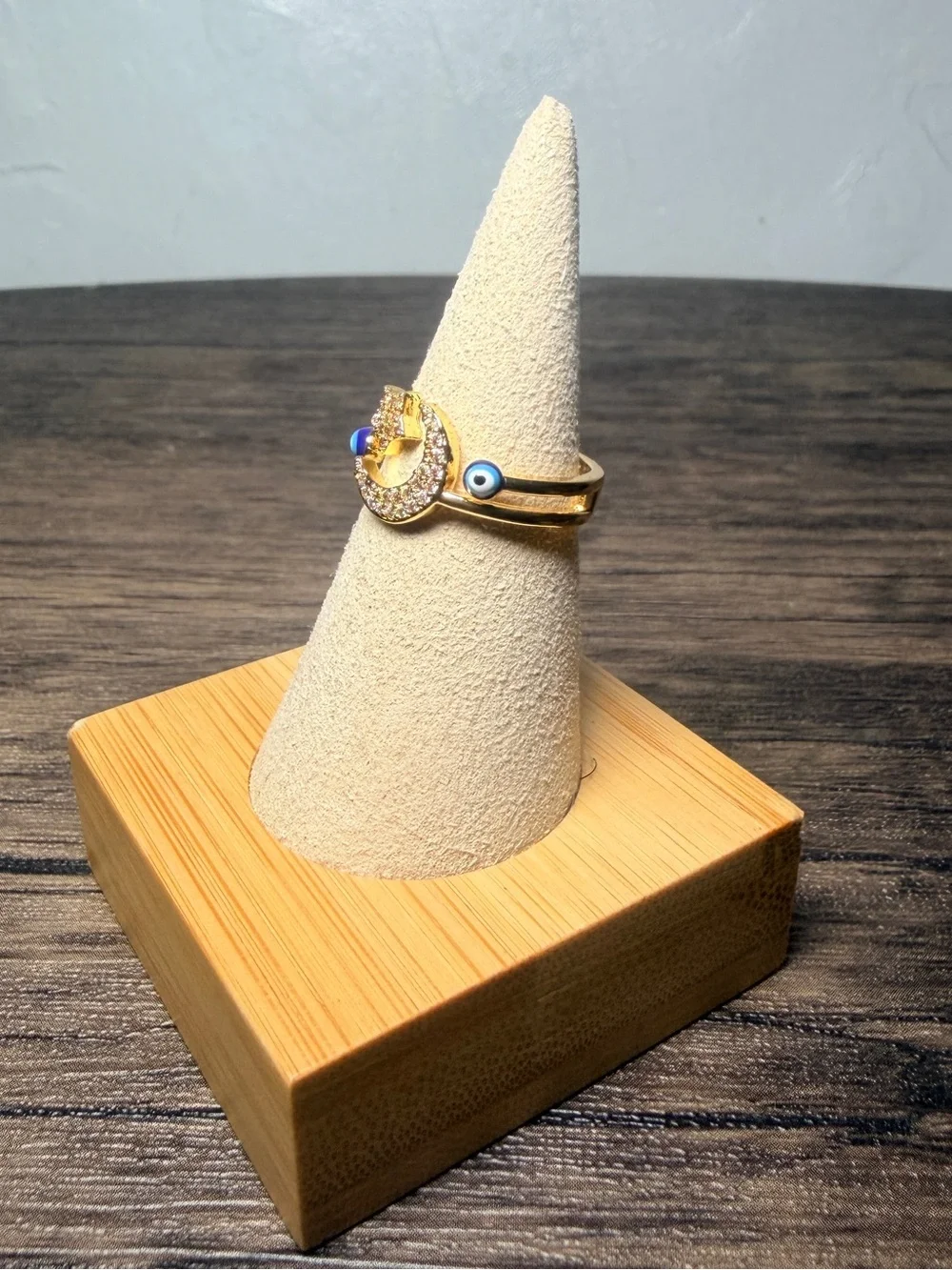 Gold Moon & Star Crystal Ring with Blue Accent adjustable